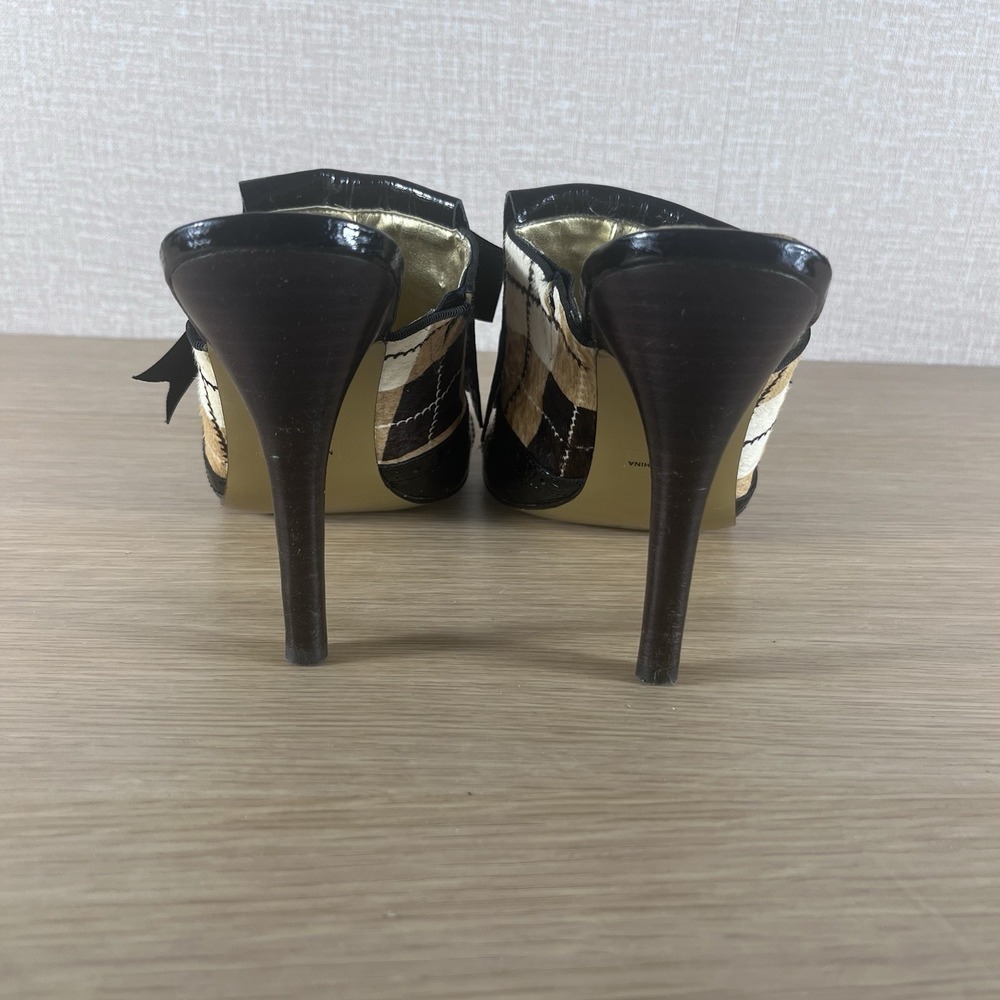 Hale Bob Pony Hair Plaid Patent Leather Mule Heels Bow Peep Toe 10 CityCore - Picture 4 of 14